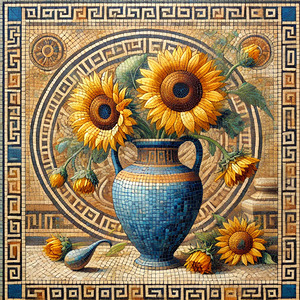 Ancient Greek Mosaic Art – Sunflowers in a Blue Vase