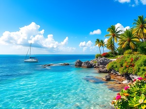 Tropical Paradise with Turquoise Waters Palm Trees and a Sailing Yacht