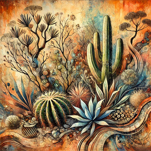 Vibrant Desert Botanical Art – Cactus & Agave in a Surreal Landscape