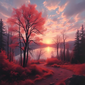 Surreal Autumn Landscape – Dreamlike Sunset Over a Mystical Forest