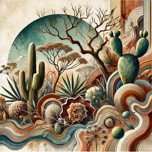 Surreal Desert Landscape – Abstract Nature Art with Cactus and Flowing Patterns
