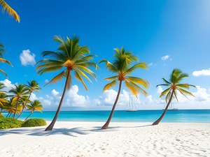 Tropical Paradise: White Sand Beach with Swaying Palm Trees and Yachts