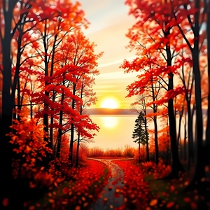 Stunning Autumn Sunset Over a Serene Lake – Vibrant Fall Landscape