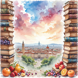 Literary Escape: A Picturesque City Framed by Stacks of Books and Fruits
