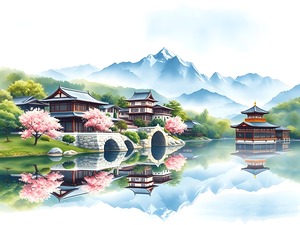 Tranquil Japanese Village by the Lake – A Serene Mountain Reflection