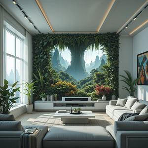 Nature-Inspired Living Room with Lush Greenery and Scenic Wall Mural