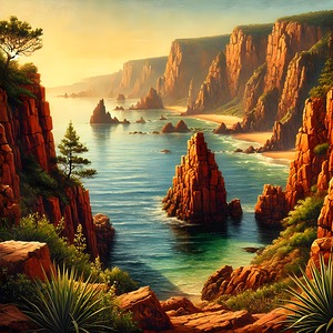 Dramatic Coastal Cliffs and Rock Formations at Sunset