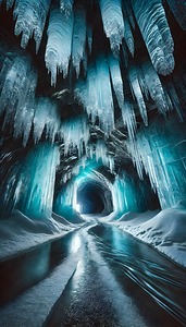 Majestic Ice Cave with Frozen Stalactites and Glacial Reflections