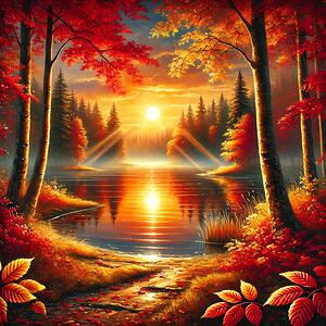 Majestic Autumn Sunset Over a Tranquil Lake