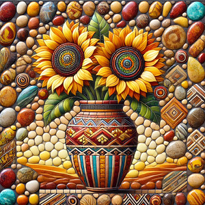Vibrant Mosaic Art of Sunflowers in a Tribal-Inspired Ceramic Vase