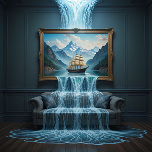 Surreal Waterfall Painting – A Ship Sailing Beyond Reality