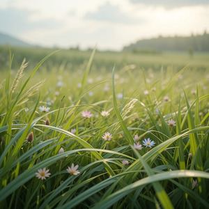 Serene Meadow with Wildflowers and Lush Green Grass