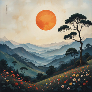 Serene Mountain Landscape with Vibrant Sunset and Wildflowers
