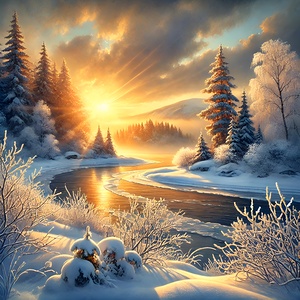Enchanting Winter Sunset Over a Frozen River – A Magical Snowy Landscape