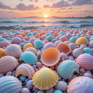 Pastel Seashell Beach at Sunset – Dreamy Coastal Paradise