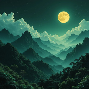 Mystical Full Moon Over a Majestic Mountain Landscape at Night