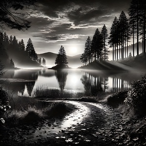 Mysterious Black and White Landscape – A Serene Lake at Sunset