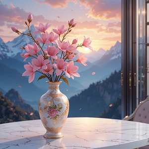 Elegant Pink Blossoms in Ornate Vase – Scenic Floral Art