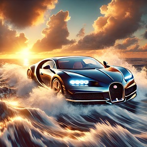 Luxury Supercar Defying Limits: Driving on Water at Sunset