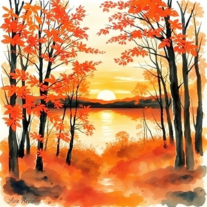 Autumn Watercolor Landscape with Sunset Over a Lake