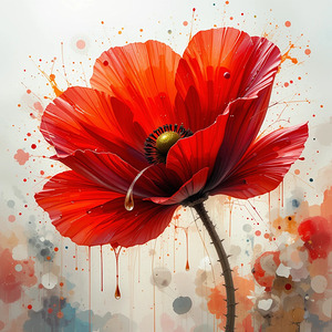 Vibrant Red Poppy with Artistic Splashes – Surreal Floral Painting