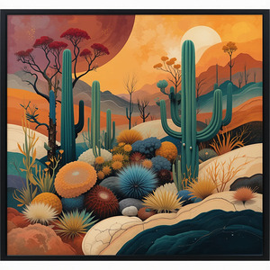 Vibrant Desert Landscape with Cacti and Colorful Flora