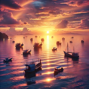 Golden Sunset Over a Serene Fishing Harbor – Boats Reflecting on Calm