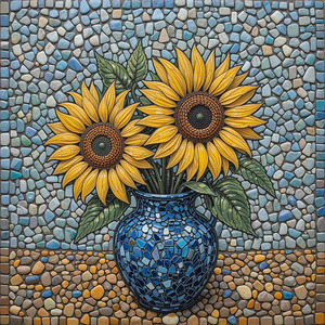 Stunning Mosaic Art of Sunflowers in a Blue Vase – A Timeless Floral Masterpiece