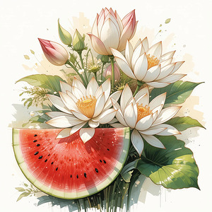 Elegant White Lotus Flowers and Juicy Watermelon Slice – A Perfect Harmony of Nature