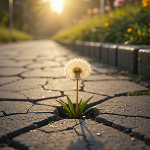 Resilience of Nature – A Dandelion Blooming Through Cracked Pavement