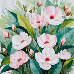 Elegant Floral Painting – White and Pink Flowers with Lush Green Leaves