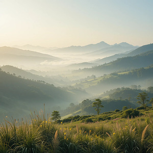Tranquil Misty Morning Over Rolling Green Hills