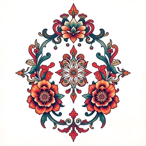 Traditional Ornamental Tattoo Art – Vibrant Floral Design with Retro Elegance