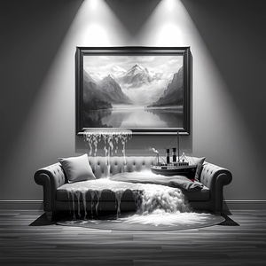 Surreal Waterfall Painting – Dreamlike Black & White Interior Art