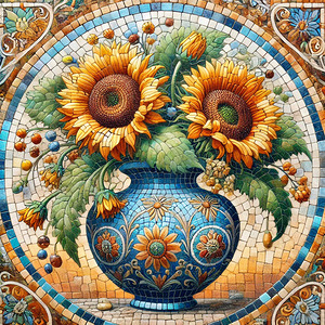 Elegant Mosaic Art of Sunflowers in a Blue Ornate Vase
