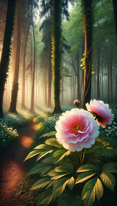 Enchanting Forest Path with Blooming Peonies and Golden Sunlight