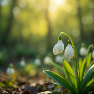 Delicate Snowdrop Flowers Blooming in a Sunlit Forest