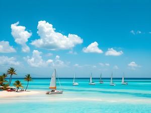 Idyllic Tropical Beach with Sailboats on Turquoise Waters
