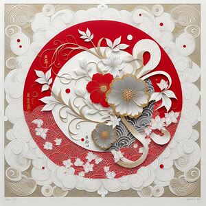 Elegant Japanese-Inspired Floral Paper Cut Art – Red White & Gold Design