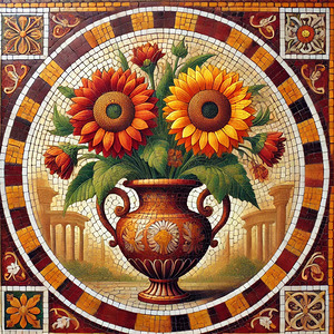 Roman Mosaic Art – Sunflowers in an Ornate Vase