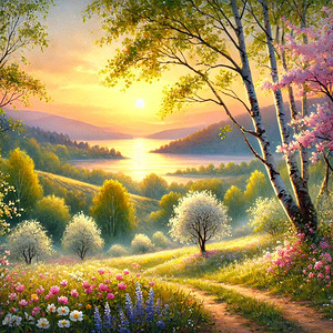 Serene Spring Sunset Over a Blooming Landscape