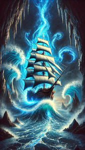 Mystical Sailing Ship Navigating an Enchanted Ocean