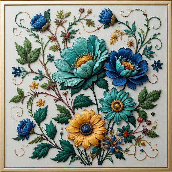 Exquisite Hand-Embroidered Floral Artwork – Vibrant Botanical Textile Art Print