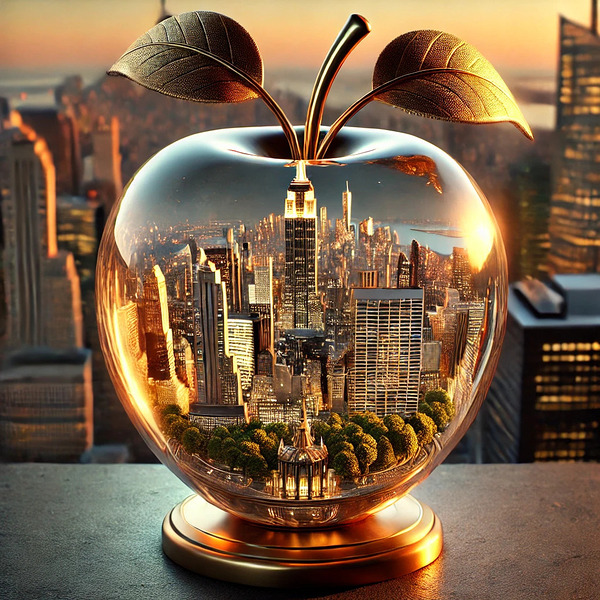 Golden Apple of New York – A Surreal Cityscape Reflection Print