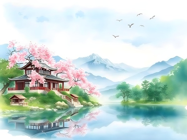 Tranquil Japanese Garden with Cherry Blossoms and Mountain Lake Print