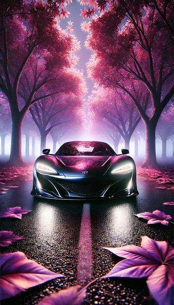 Luxury Supercar in a Dreamy Pink Forest – Stunning Night Drive Print
