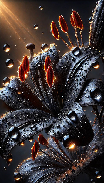 Black Lily with Dewdrops – A Stunning Dark Floral Macro Photography Print