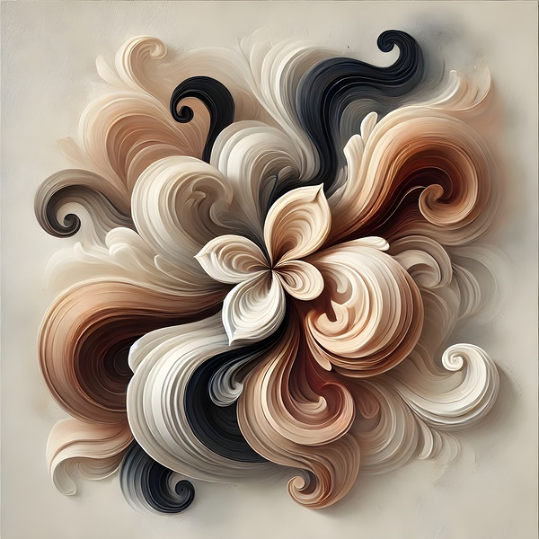 Elegant Abstract Floral Painting – Beige Brown & Black Swirling Artwork Print