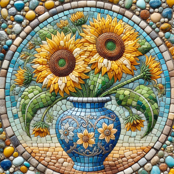 Stunning Mosaic Artwork of Sunflowers in a Decorative Blue Vase Print