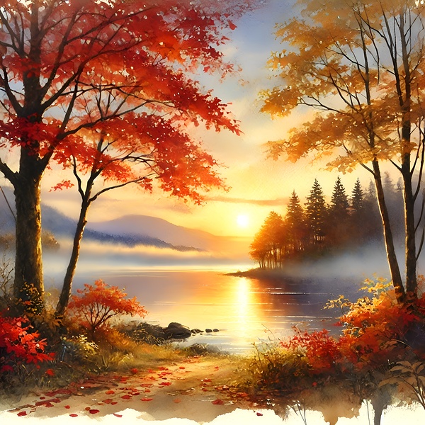 Tranquil Autumn Sunrise Over a Misty Lake Print